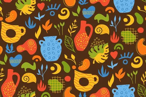 Abstract seamless pattern with shape, ceramic pot modern cozy decor trendy art Stock Illustration