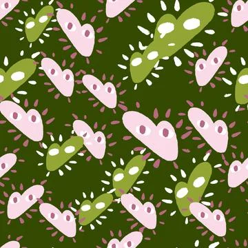 Abstract seamless pattern with simple style heart characters print. Green bac Stock Illustration