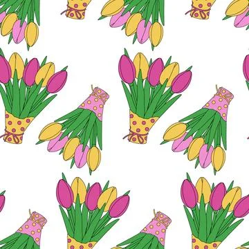 Abstract seamless pattern of spring tulip bouquets in multi colored wrapping Illustrazione stock
