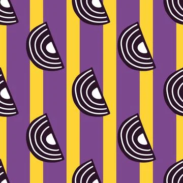 Abstract seamless pattern on striped purple yellow background. Geometrical sh Stock Illustration