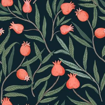 Abstract seamless pattern with stylized botanical elements of pomegranate b.. Stock Illustration