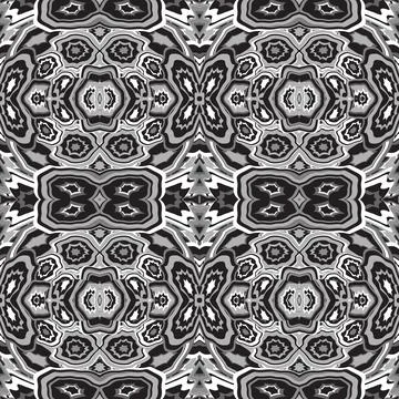 Abstract seamless pattern of stylized geometric motifs in black and white col Illustrazione stock