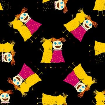 Abstract seamless pattern. Textured background with cute cartoon characters. Stock Illustration
