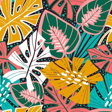 Abstract seamless pattern with tropical leaves, for textile and design. Stock Illustration