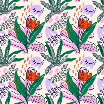 Abstract seamless pattern with tropical rainforest plants Stock Illustration