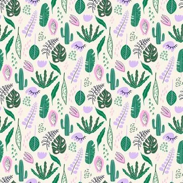 Abstract seamless pattern with tropical rainforest plants Stock Illustration
