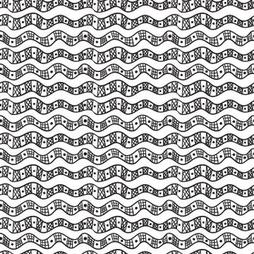 Abstract seamless pattern from waves, circles and stripes. 스톡 일러스트