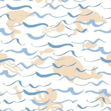 Abstract seamless pattern of waves with marine life. Design for backdrops with Illustrazione stock