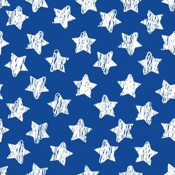 Abstract seamless pattern with white Sketch stars on blue. Geometric backgrou Stock Illustration