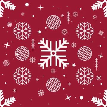 Abstract Seamless Pattern white Snowflakes and ornamented bauble on red bac.. Stock Illustration