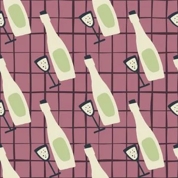 Abstract seamless pattern with wine bottles and glasses. Doodle simple print  Stock Illustration