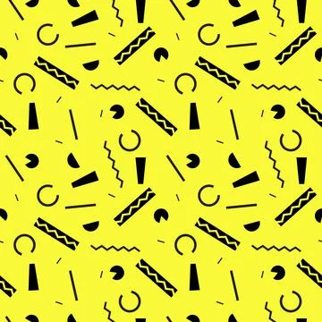 Abstract seamless pattern on yellow background in memphis style. Fashion 80-9 Stock Illustration