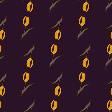 Abstract seamless pattern with yellow tulip flower elements shapes. Dark purp Illustrazione stock