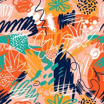 Abstract seamless patterns with hand drawn textures in memphis style, trend Stock Illustration