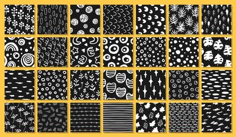 Abstract seamless patterns set brush stroke sketch grunge ink shapes doodle Stock Illustration