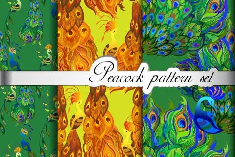 Abstract seamless patterns set, gold green peacock feathers. Vector illustration Stock Illustration