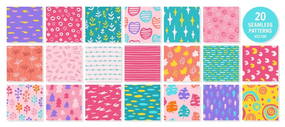 Abstract seamless patterns set with grunge shapes doodle objects drawn paint Stock Illustration