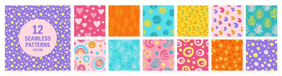 Abstract seamless patterns set with grunge shapes doodle objects drawn paint Stock Illustration