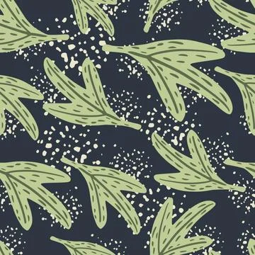 Abstract seamless random pattern with light green leaf shapes. Navy blue back Stock Illustration