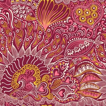 Abstract seamless texture with fish, hearts, flowers. endless background. Stock Illustration