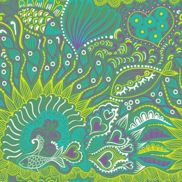 Abstract seamless texture with fish, hearts, flowers. endless background. Stock Illustration