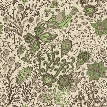 Abstract seamless texture with fish, hearts, flowers. Endless background. Stock Illustration