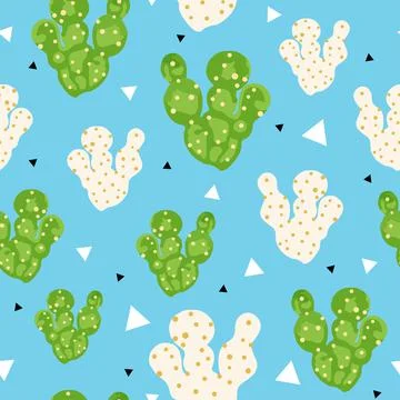 Abstract seamless vector pattern with cactus, blue background Stock Illustration