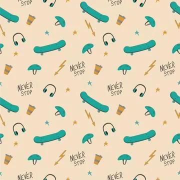 Abstract seamless vector pattern. Urban style modern background with skateboa Stock Illustration