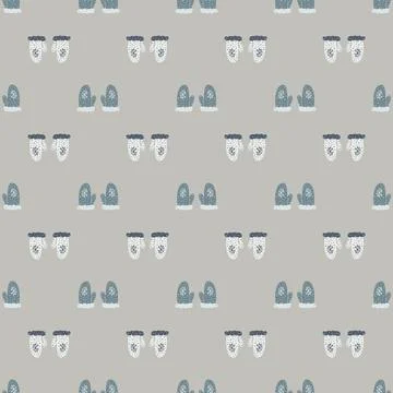 Abstract seamless winter pattern with warm mittens elements. Grey and blue co Stock Illustration