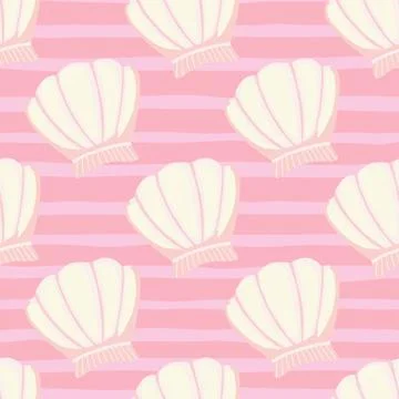 Abstract seashells seamless pattern on stripes background. Geometric sea ocea Illustrazione stock