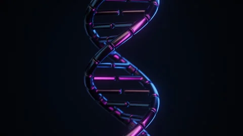 Abstract segmented glass DNA double helix rotating in neon light on black in a Stock Footage 340961842