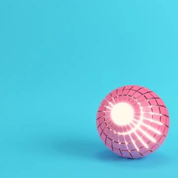 Abstract segmented pink sphere glowing inside on bright blue background in pa Stock Illustration