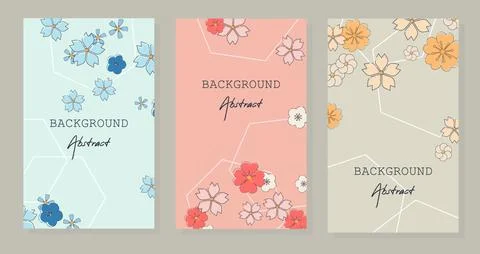 Abstract set background vector. Hand-drawing of blue, pink and yellow flowers Stock Illustration