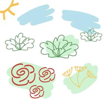 Abstract set of floral elements. Outline drawing by hand. silhouette lines Stock Illustration
