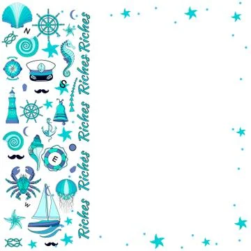 Abstract set, marine background with seashells, seahorse, steering wheel and Stock Illustration