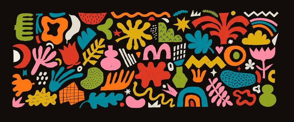 Abstract set of various shapes, figures and freeform blobs, hand drawn colorful Stock Illustration