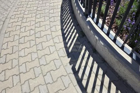Abstract Shadows on Paved Pathway with Floral Accent in Urban Setting 库存照片