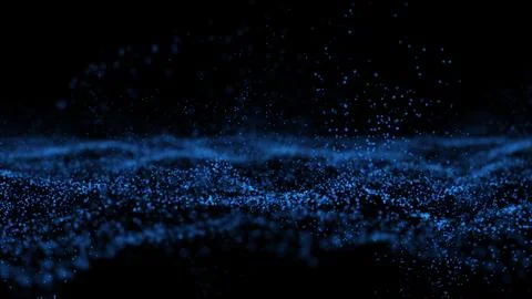 An abstract shaky oscillating surface of blue particles on a dark background. Illustrazione stock