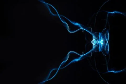 Abstract shape of blue smoke isolated on a black background. A thin curved .. Illustrazione stock
