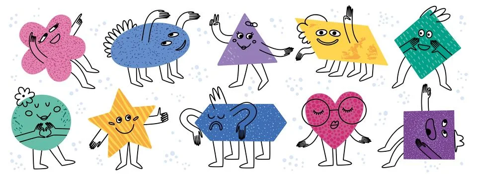 Abstract shape characters, funny faces. Doodle style geometric circle, hexagon Stock Illustration
