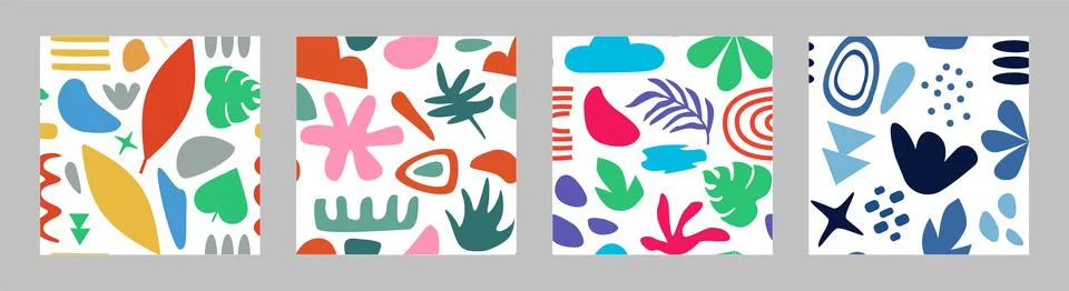 Abstract shape patterns, tropical leaves and doodle forms. Modern flat jungle Stock Illustration