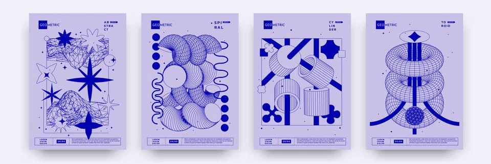 Abstract shape posters. 3d design. Figure pattern for streetwear. Retro psy.. Illustrazione stock