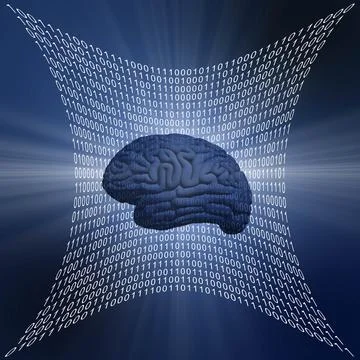 Abstract shaped surface of binary code with human brain on blue background Illustrazione stock