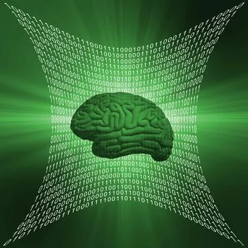 Abstract shaped surface of binary code with human brain on green background Illustrazione stock