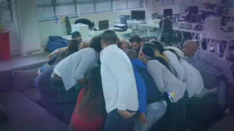 Abstract shapes and data processing against diverse office colleagues stacking Stock Footage 162933114