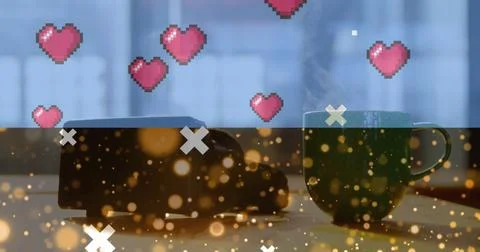 Abstract shapes and multiple heart icons floating over coffee cup and vr headset Stockillustratie