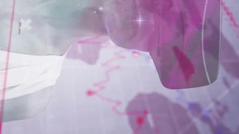 Abstract shapes and neon barcode against woman wearing vr headset 스톡 동영상 312409521