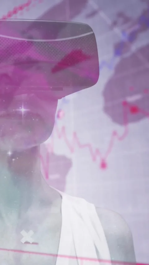 Abstract shapes and neon barcode against woman wearing vr headset 스톡 동영상 324703198