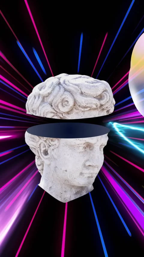 Abstract shapes and neon light streaks animation over classical sculpture head Stock Footage 343641608