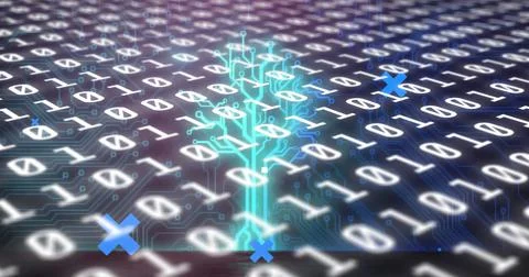Abstract shapes and network of digital icons against binary coding data Stock Illustration